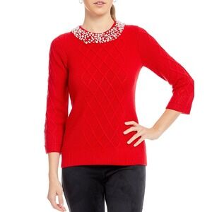 Karl Lagerfeld Paris Women's Red Pearl Embellished‎ Cable Knit Sweater